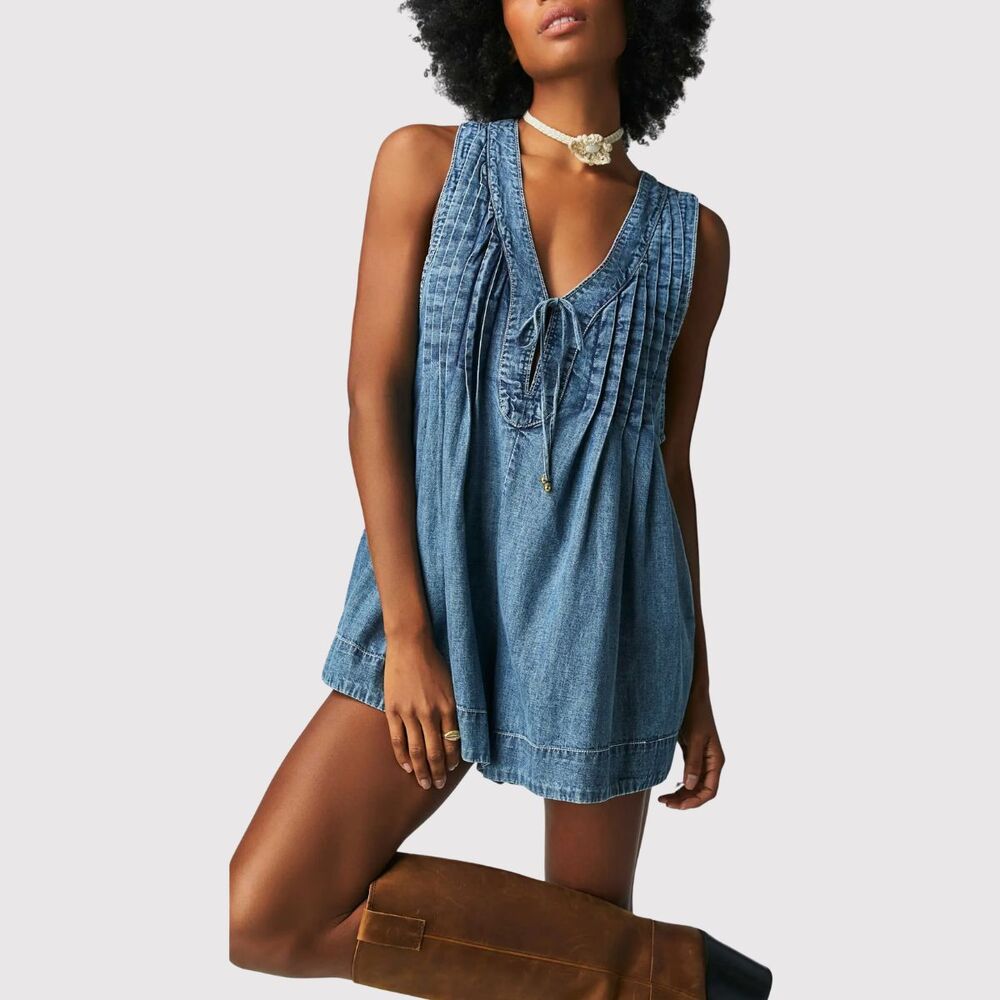 Free People Womens Romper Blue Webster Denim V Neck Relaxed Pleated Jean Medium
